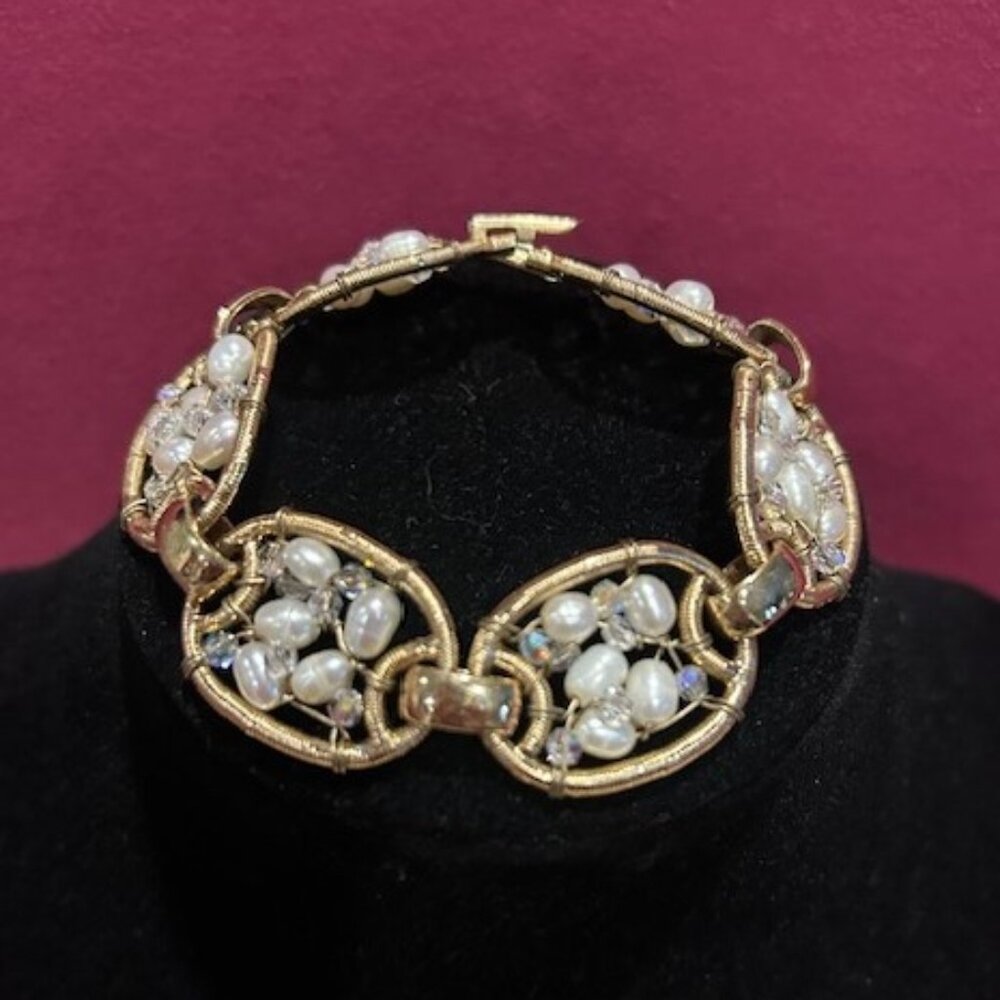 Vintage Faux Pearl Crystal Bead Gold Link BRACELET